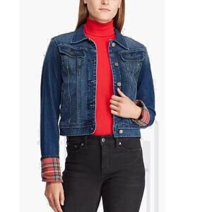 LAUREN Ralph Lauren Tartan-Cuff Denim Jacket Small Cropped